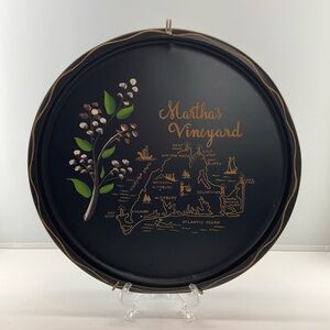 vtg MARTHA’S VINEYARD Metal Plate Serving Tray Hanger Included Round Gold Black